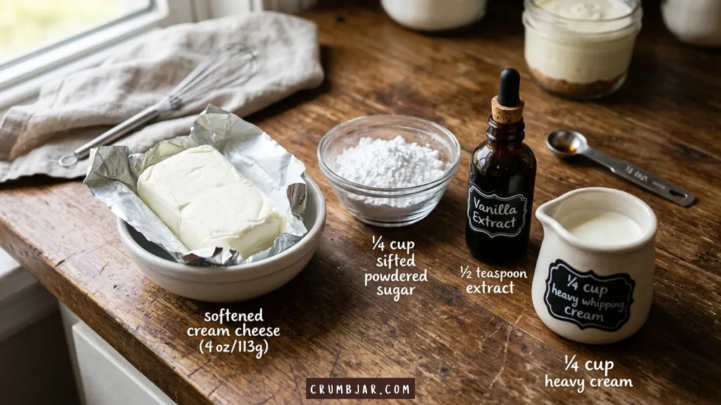 Ingredients for a no-bake cheesecake filling laid out on a wooden table, including cream cheese, powdered sugar, vanilla extract, and heavy cream, with descriptive text labels for each ingredient.