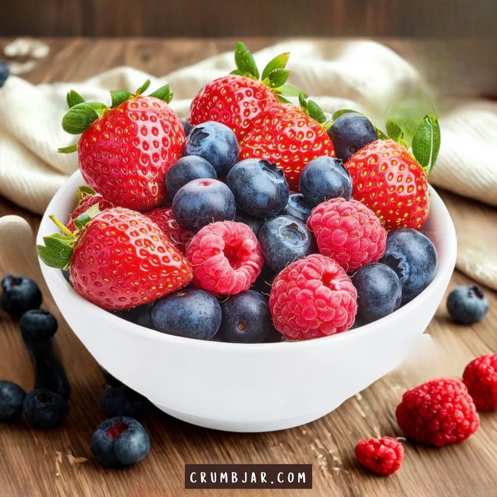A white ceramic bowl overflowing with a colorful mix of fresh, vibrant berries, including bright red strawberries, plump blueberries, and ripe pink raspberries. A few loose blueberries and raspberries are scattered on the rustic wooden table surrounding the bowl, with a soft cream-colored cloth napkin in the background.