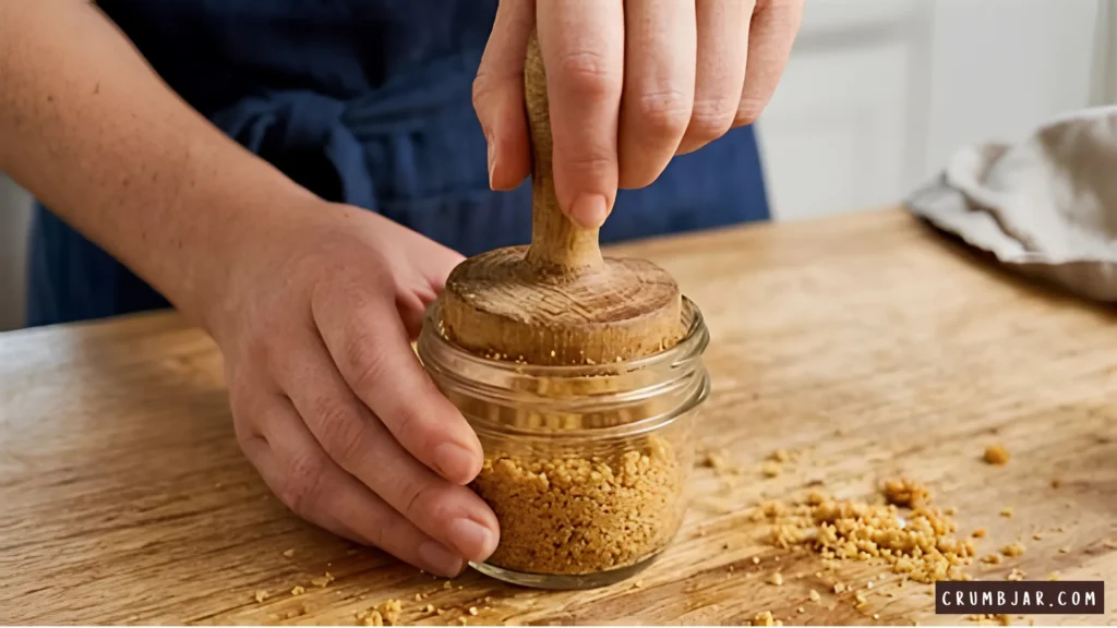 A close-up shot of a baker using a round wooden tamper tool to press down a thick layer of golden graham cracker crumbs inside a clear glass mason jar. The jar is resting on a rustic wooden table with loose crumbs scattered around, illustrating the first step of making a no-bake cheesecake crust.