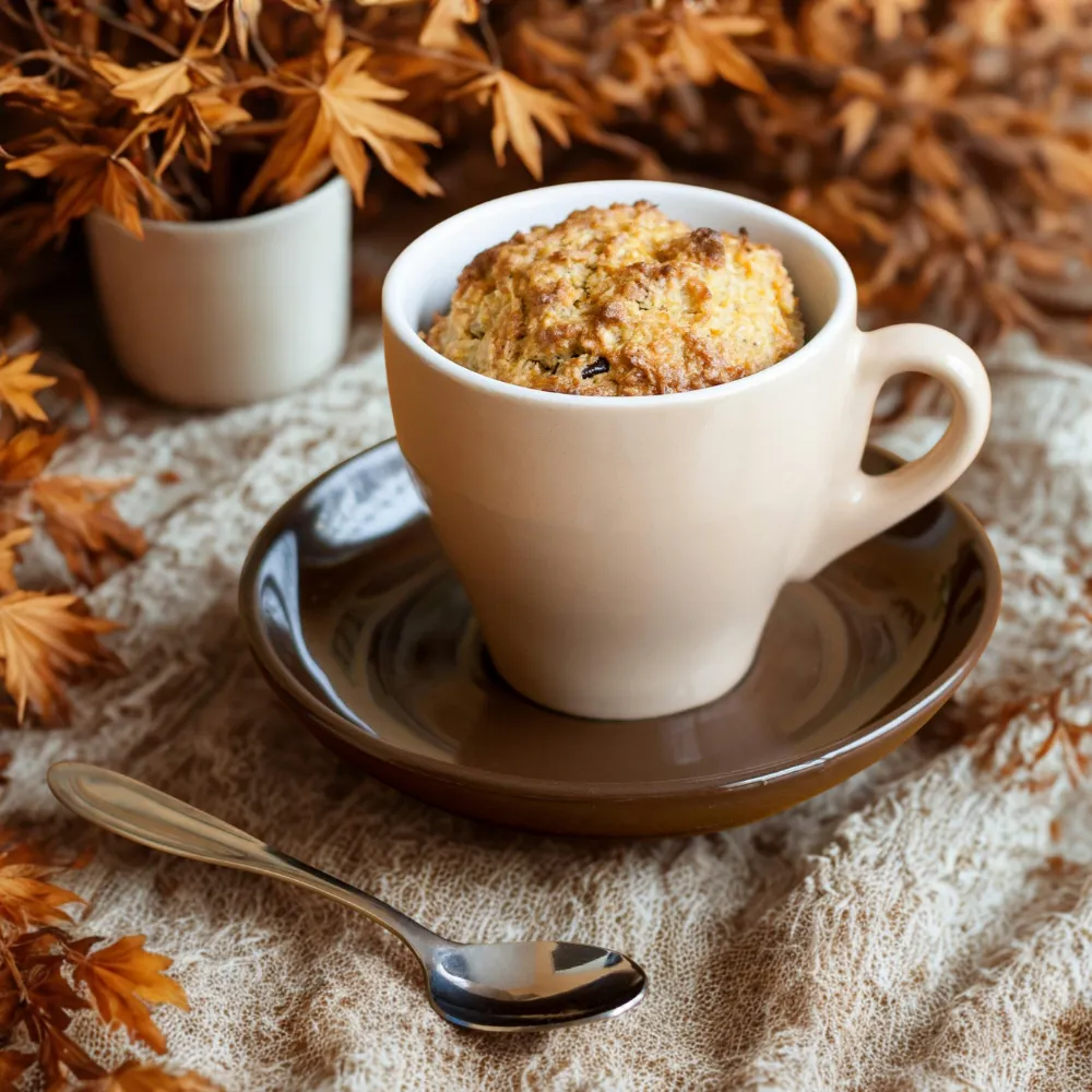 A golden-brown mug cake baked inside a cream-colored teacup sitting on a dark brown saucer. A silver spoon rests on a rustic, textured beige linen fabric in the foreground. The background is filled with warm, dried autumn leaves and small branches, creating a cozy fall aesthetic.
