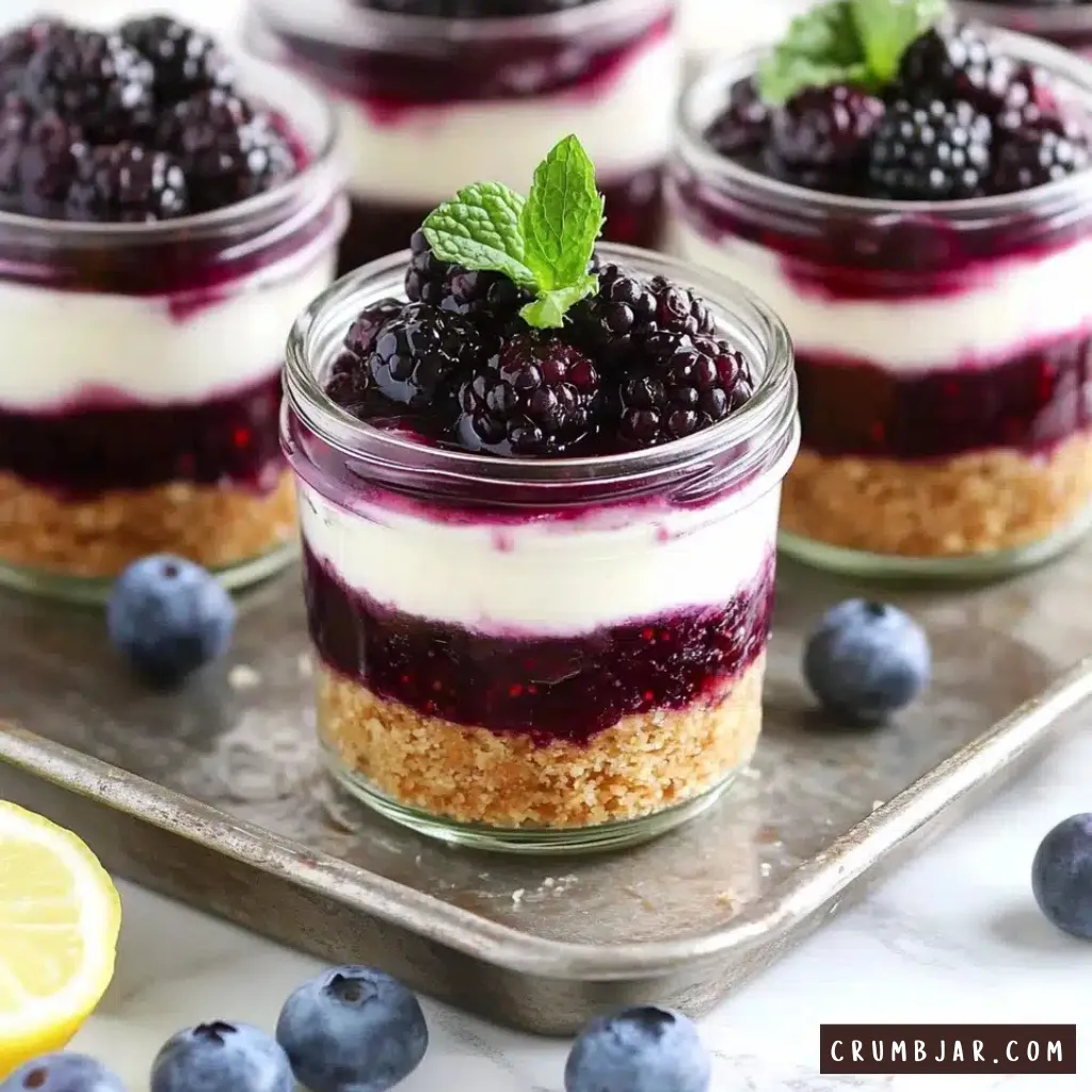 Fully layered no-bake cheesecake jars showing distinct layers of graham cracker crust, purple fruit compost, and creamy white filling, topped with fresh blackberries and mint leaves.
