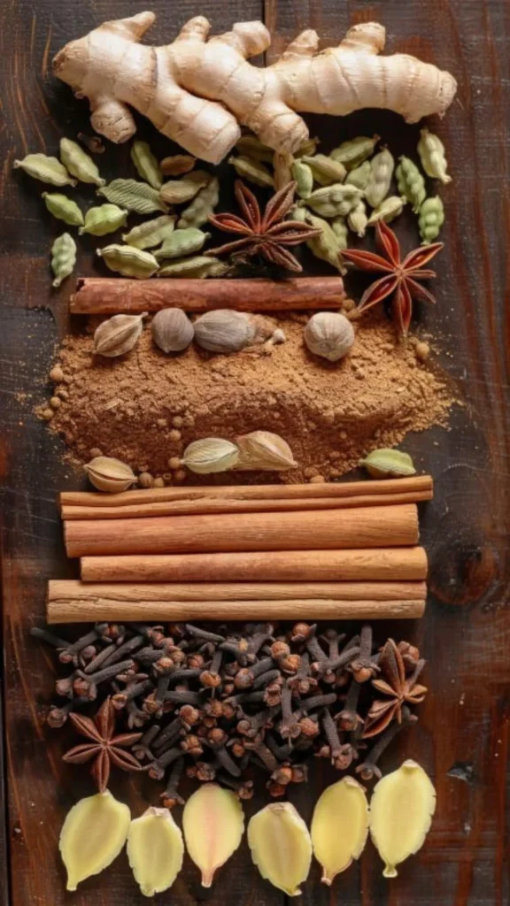 A top-down view of whole baking and chai spices arranged in neat rows on a dark wooden surface, including a fresh ginger root, green cardamom pods, star anise, cinnamon sticks, whole cloves, nutmeg, and a pile of ground spice mix.