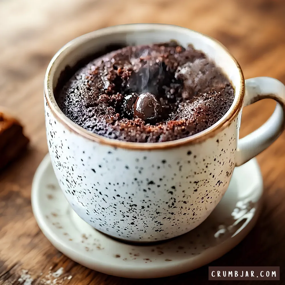 A close-up photograph of a freshly baked, steaming chocolate mug cake served in a white speckled ceramic mug with a brown rim. The mug sits on a matching small saucer over a warm wooden table. The cake has a rich, porous texture with a glossy, molten chocolate chip visible right in the center where light steam rises.