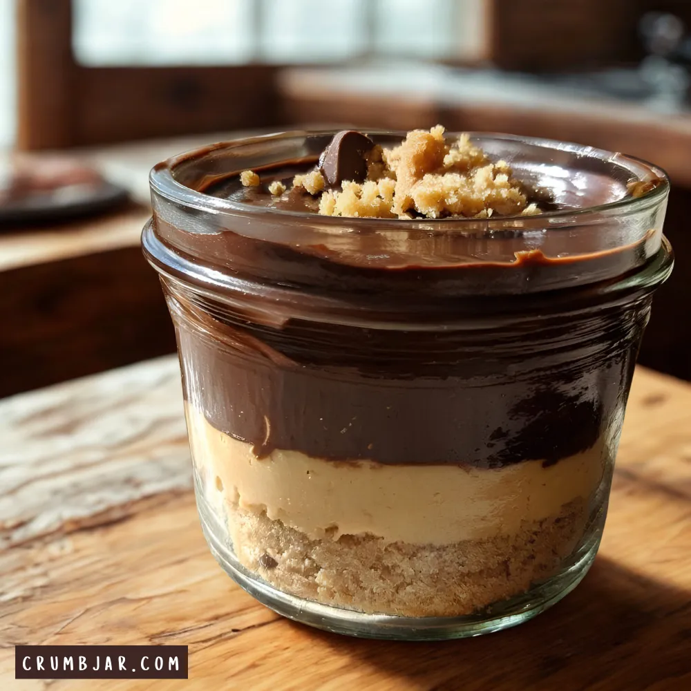 A close-up photograph of an elegant layered no-bake chocolate dessert served in a clear glass wide-mouth jar. The dessert features a distinct golden graham cracker crust layer at the bottom, a smooth cream-colored filling layer in the middle, and a thick, glossy dark chocolate ganache layer on top. The jar is beautifully garnished with light cookie crumbs and chocolate pieces, sitting on a rustic wooden table under warm, natural lighting.
