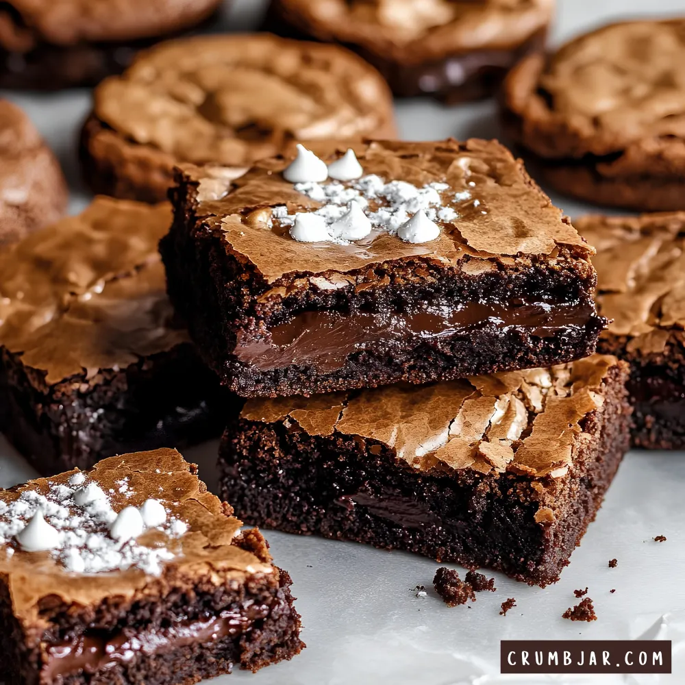 A close-up photograph of a stack of thick, rich square brownies resting on white parchment paper. The brownies feature a beautifully shiny, crinkled top crust decorated with a dusting of powdered sugar and tiny white chocolate chips. A clean cut reveals an incredibly dense, soft interior with a thick, glossy, molten chocolate fudge layer running through the center.
