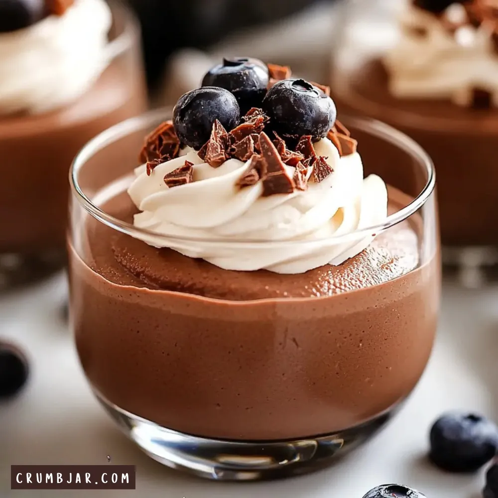 A close-up photograph of a creamy chocolate mousse served in a short, clear glass. The smooth mousse is elegantly topped with a swirl of white whipped cream, fine dark chocolate shavings, and three fresh blueberries. Other identical dessert glasses and scattered blueberries are visible in the softly blurred background.