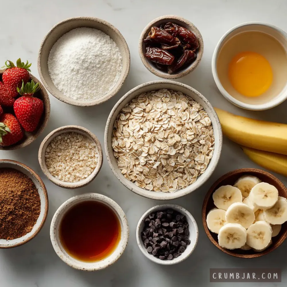 A flat-lay, top-down photograph of healthy baking ingredients neatly arranged in small ceramic bowls on a light grey surface. The assortment includes rolled oats, sliced and whole bananas, fresh strawberries, dark chocolate chips, maple syrup, coconut flour, brown coconut sugar, chopped nuts, pitted dates, and a single egg yolk, showcasing simple and wholesome components for a dessert recipe.