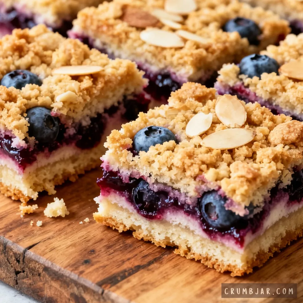 A close-up photograph of several sliced berry crumble bars arranged on a rustic wooden cutting board. Each bar displays three distinct layers: a soft, light-colored shortbread base, a vibrant purple mixed berry jam filling studded with whole cooked blueberries, and a thick, golden-brown oat crumble topping. The tops are elegantly garnished with scattered whole fresh blueberries and toasted sliced almonds.