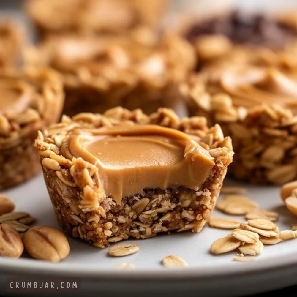 A close-up photograph of a no-bake peanut butter oat cup resting on a light-colored plate, with a bite taken out to reveal its dense rolled-oat crust and thick, creamy peanut butter center. The top layer displays a smooth, glossy swirl of nut butter. Whole peanuts and loose oats are scattered around the base of the cup, with several other identical treats softly blurred in the background.