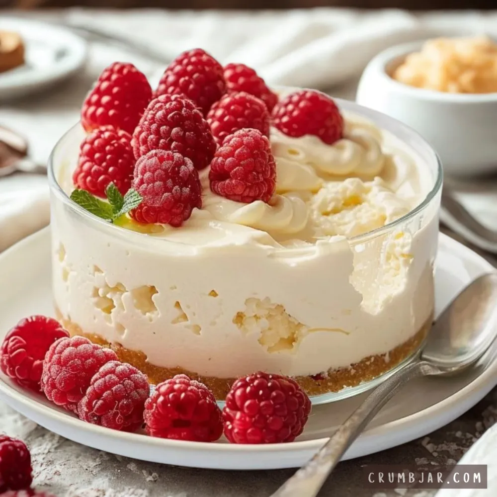 A close-up, eye-level photograph of an individual no-bake cheesecake dessert served in a small, round glass dish on a white plate. The dessert displays a thin crumb crust at the base, topped with a thick, smooth layer of cream-colored whipped yogurt filling. The top is loaded with a generous pile of fresh red raspberries and a tiny sprig of mint. A ring of extra raspberries and a vintage spoon rest alongside the dish on the plate, set against a softly blurred background.