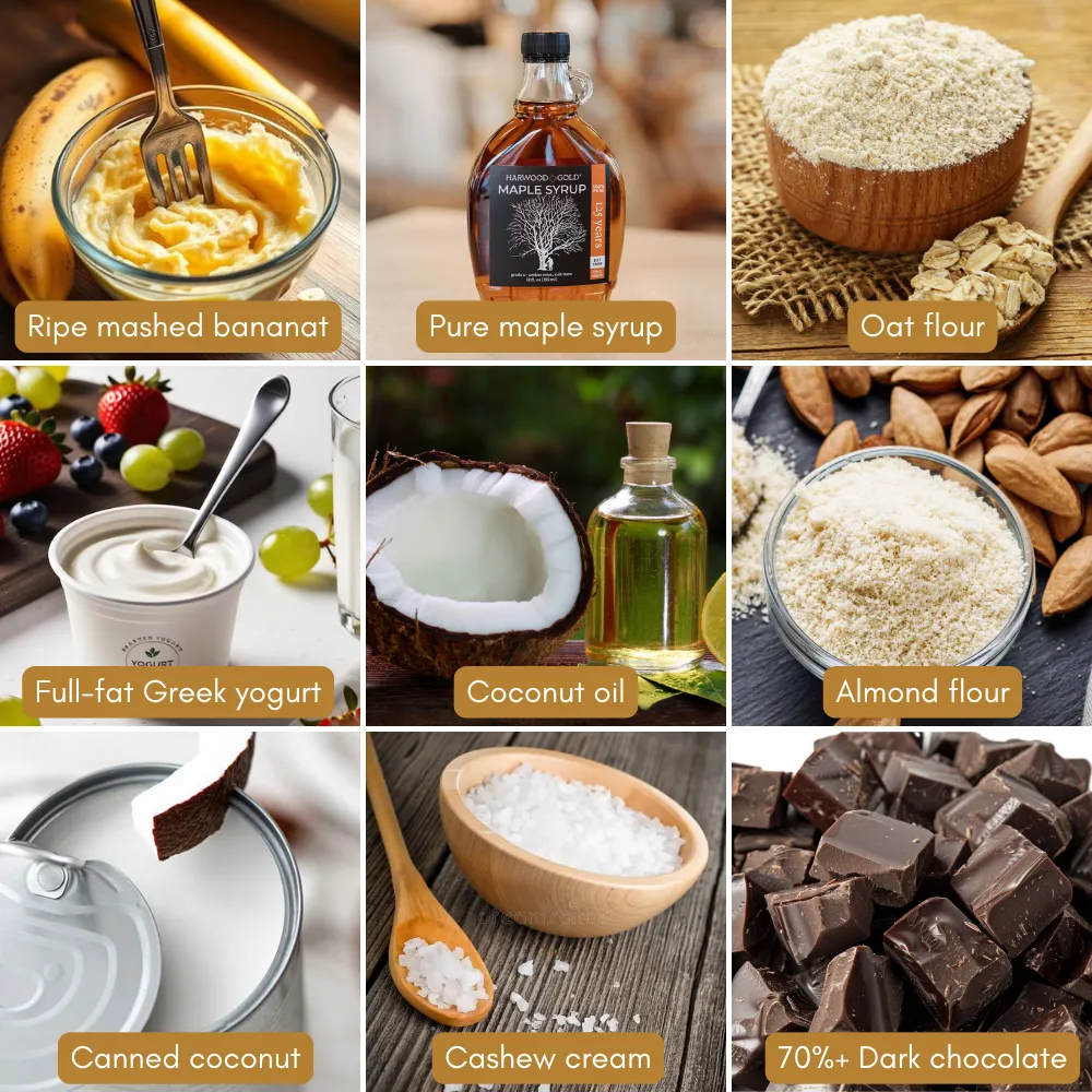 A grid compilation of nine distinct panels showing healthy ingredient swaps for baking, each labeled with a small brown text banner. The images include: mashed bananas in a glass bowl, a glass bottle of pure maple syrup, oat flour in a wooden bowl with rolled oats, a cup of white full-fat Greek yogurt, a halved fresh coconut next to a bottle of coconut oil, almond flour in a small glass dish surrounded by whole almonds, an open tin of canned coconut milk, sea salt crystals in a wooden bowl labeled as cashew cream, and a pile of chopped 70%+ dark chocolate chunks.