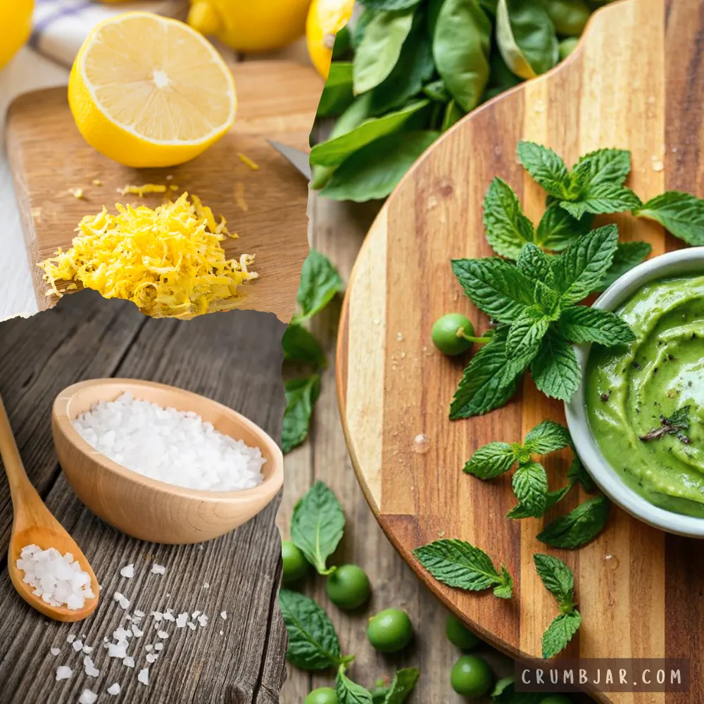 A collage photograph featuring three sections of fresh dessert garnishes. The top left features a pile of vibrant yellow lemon zest next to a halved fresh lemon on a wooden cutting board. The bottom left shows coarse white sea salt crystals filling a small wooden bowl, with a matching wooden spoon alongside it on a rustic gray wooden table. The right section displays a round wooden platter decorated with fresh, green mint leaves surrounding a small white bowl filled with a smooth, bright green herb or lime puree.