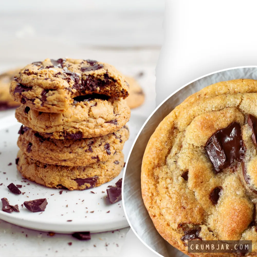 A split-screen collage photograph showing homemade chocolate chip cookies. The left side features a stack of four thick, golden-brown cookies piled on a white plate, with chocolate chunks scattered around the base. The top cookie has a bite taken out, revealing a soft, dense interior. The right side shows a dramatic, circular close-up crop of a single cookie, highlighting its crinkly, golden surface texture and a large, glossy puddle of melted dark chocolate.