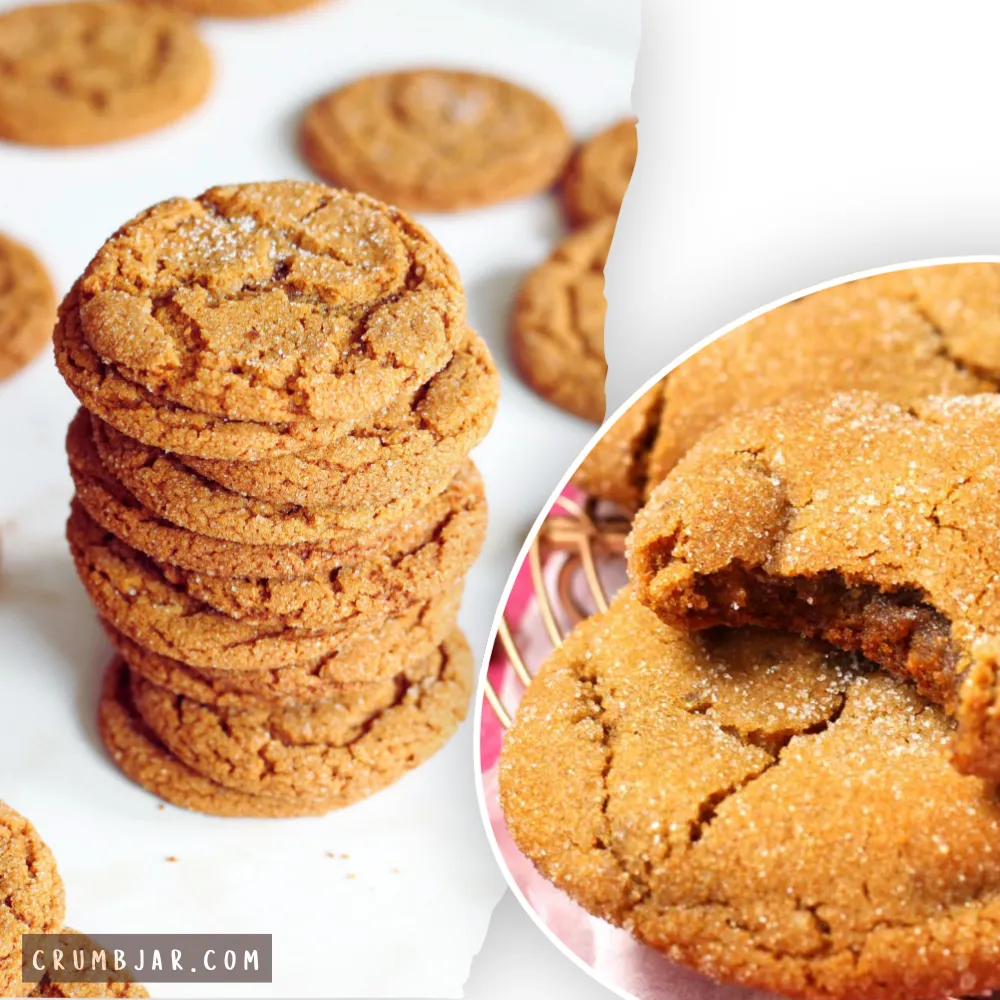 A split-screen collage photograph showing soft-baked molasses ginger cookies coated in sparkling sugar crystals. The left side displays a tall stack of six warm brown, crackle-topped cookies set against a bright, clean background with more scattered cookies behind it. The right side features a circular close-up crop highlighting a single cookie with a bite taken out, revealing its rich, chewy, dark center and sugar-dusted exterior texture.