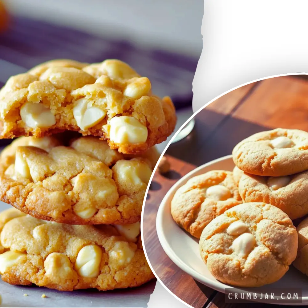 A split-screen collage photograph showing homemade white chocolate macadamia nut cookies. The left side features a close-up stack of three thick, soft, golden-baked cookies packed with visible creamy white chocolate chips and chunks of macadamia nuts. The top cookie is broken in half, revealing its tender, chewy interior texture. The right side shows a circular close-up crop of several whole, round golden cookies neatly arranged on a white plate over a warm wooden surface.