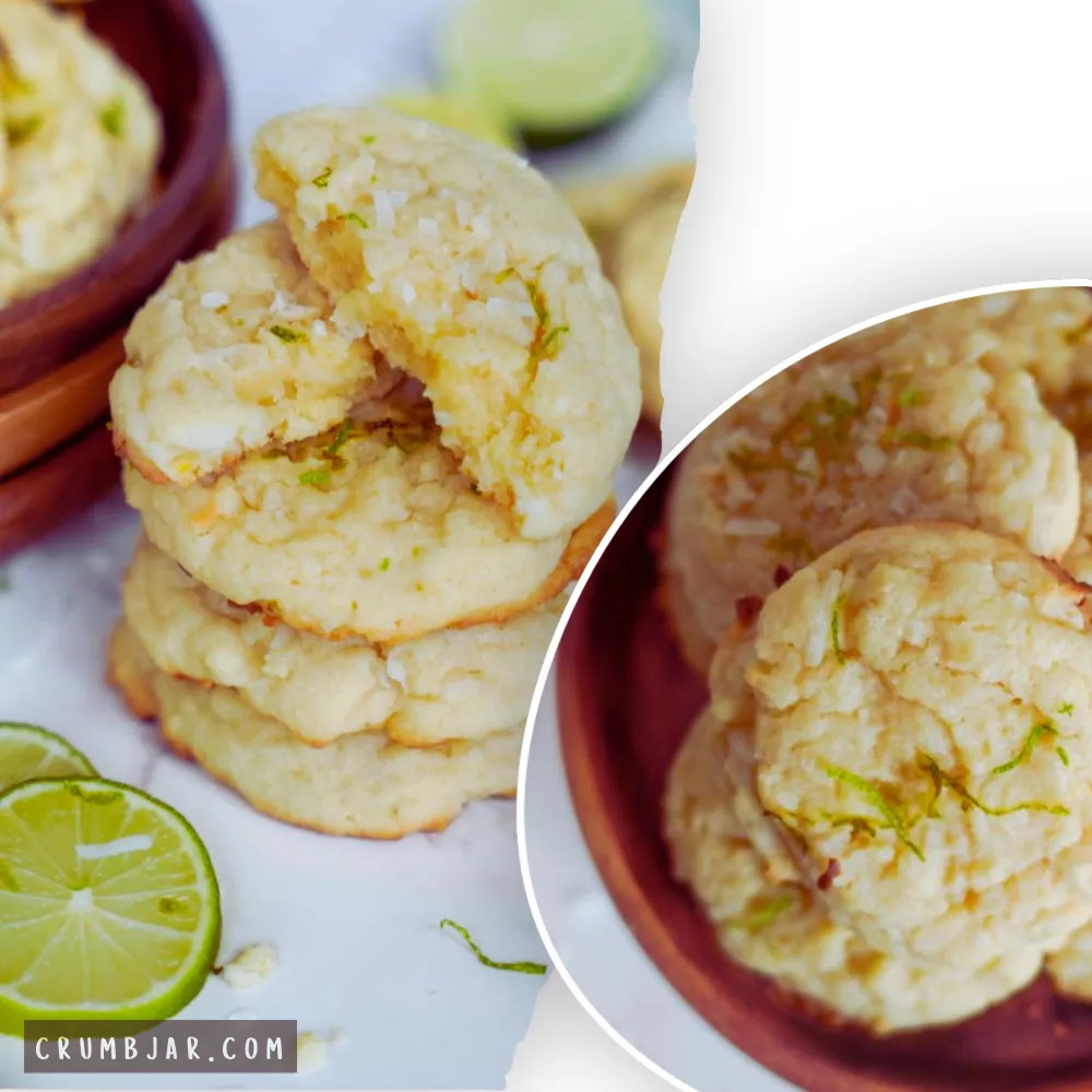 A split-screen collage photograph showing homemade coconut lime cookies. The left side features a stack of soft, pale golden cookies on a white surface, with fresh lime slices resting nearby. The top cookie is broken open to show its dense, chewy texture flecked with green lime zest and shredded coconut. The right side shows a circular close-up crop of several whole cookies piled inside a rustic wooden bowl, highlighting the bright green curls of lime zest and toasted coconut scattered across their crinkly tops.