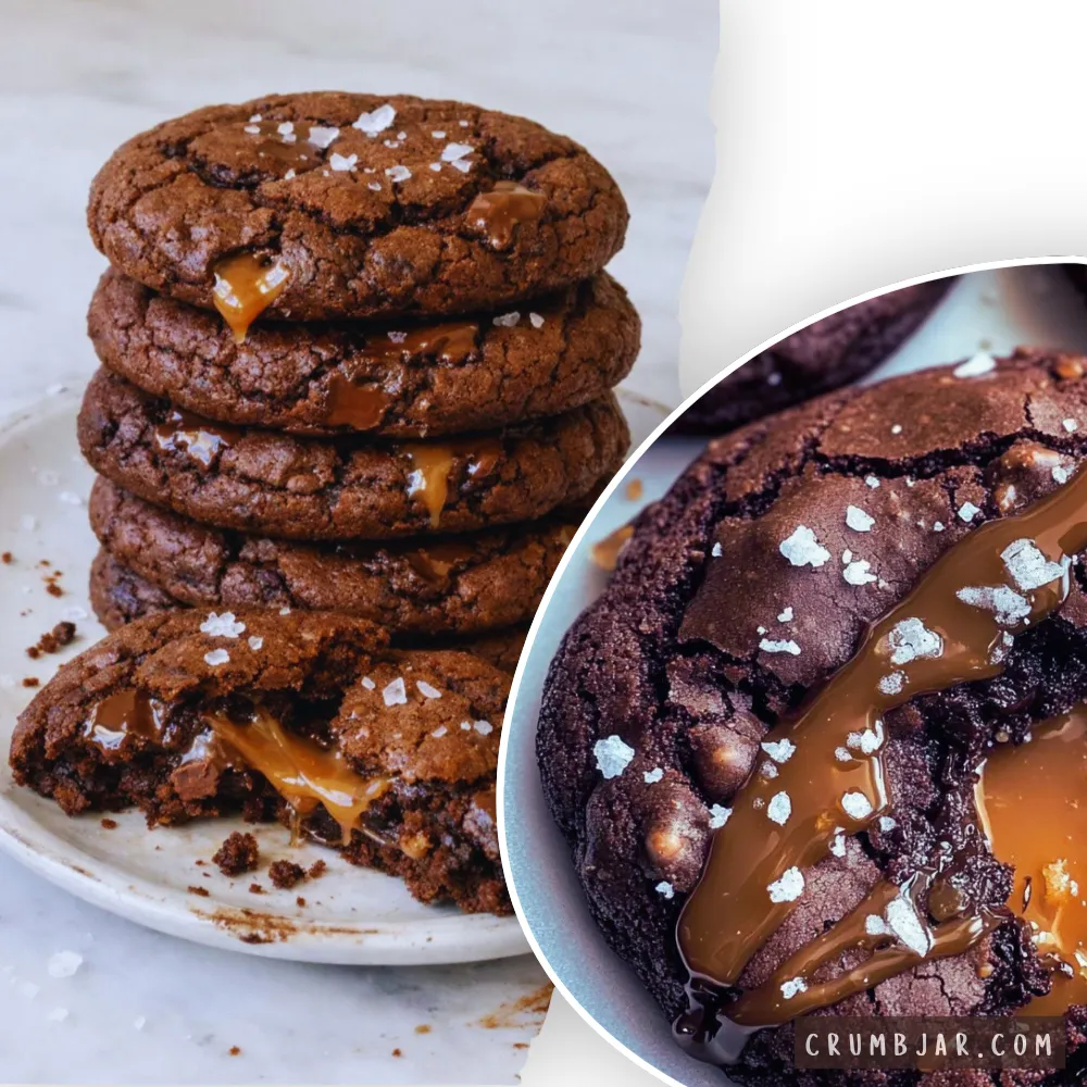 A split-screen collage photograph showing homemade salted caramel chocolate cookies. The left side features a stack of four dark, thick chocolate cookies piled on a white plate, with a fifth cookie broken open at the base to reveal a gooey, stretchy golden caramel center. Flaky sea salt crystals are scattered over the tops. The right side shows a circular close-up crop of a single cookie, highlighting its rich, crinkly cocoa texture, a glossy river of melted caramel dripping down the side, and a generous sprinkling of coarse sea salt.