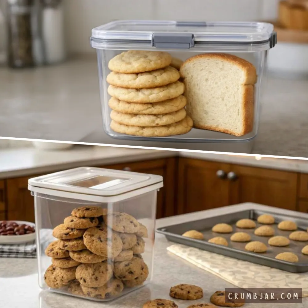 A split-screen collage photograph showing cookie storage hacks in a kitchen. The top section features a clear rectangular airtight plastic container holding a stack of six pale, soft cookies next to a single vertical slice of white bread. The bottom section shows a large, square clear plastic container filled with a pile of chocolate chip cookies, sitting on a kitchen counter next to a baking sheet lined with freshly baked cookies.