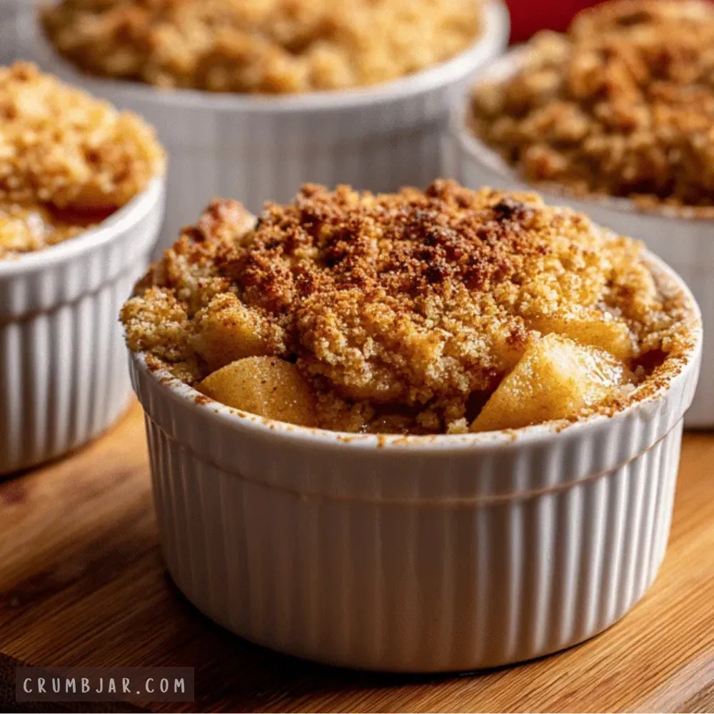 A close-up, eye-level photograph of a freshly baked single-serve apple crumble inside a white, ribbed ceramic ramekin. The dish is filled with tender, cinnamon-spiced apple chunks bursting underneath a golden-brown, crispy oat crumble topping dusted with extra cinnamon. Several other identical ramekins filled with crumble are softly blurred in the background, all resting on a warm wooden surface.