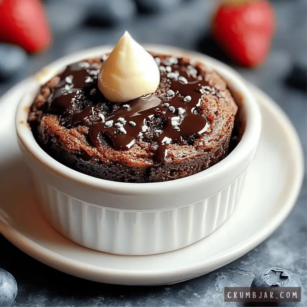 A close-up photograph of a single-serve chocolate lava cake served inside a white, ribbed ceramic ramekin. The dark chocolate cake is topped with a glossy drizzle of melted chocolate, a light dusting of white sprinkles or sea salt, and a neat dollop of cream or white frosting right in the center. The ramekin rests on a small white saucer, with fresh blueberries and strawberries softly blurred in the background on a dark surface.