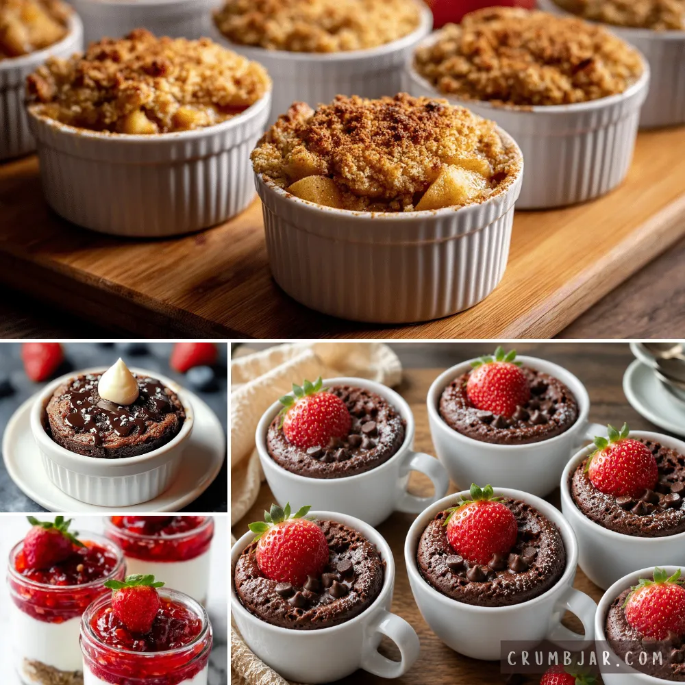 A four-panel collage photograph displaying a variety of single-serve desserts arranged for a party or gathering. The large top panel shows multiple white, ribbed ceramic ramekins filled with golden-brown apple crumbles resting on a wooden board. The bottom-left section contains two smaller square panels: the top one features a chocolate lava cake topped with chocolate drizzle and cream in a ramekin, and the bottom one shows individual no-bake cheesecakes with red fruit jam in small glass jars. The large bottom-right panel displays six individual chocolate mug cakes served in small white ceramic cups, each garnished with chocolate chips and a whole fresh strawberry on top.