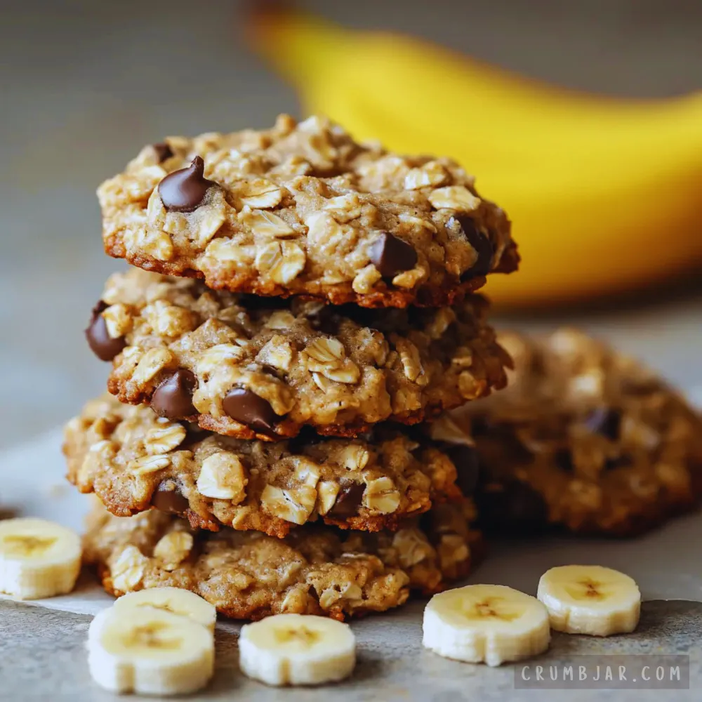 Stack of soft, golden-brown Banana Oat Cookies filled with dark chocolate chips and visible rolled oats. Surrounding the stack are fresh banana slices scattered on the counter, with a whole ripe yellow banana blurred in the background.