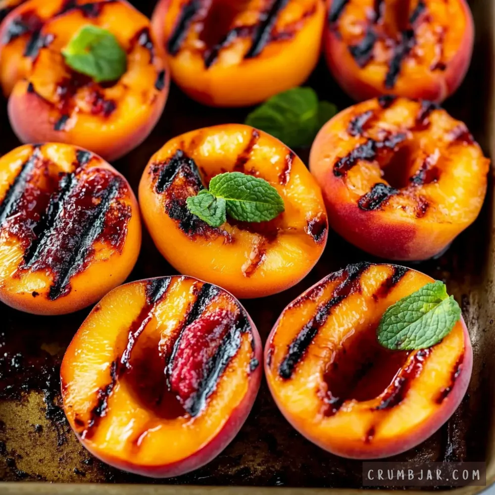 Close-up top-down view of vibrant grilled peach halves arranged on a dark tray, showing distinct dark char marks on their caramelized yellow flesh with drizzled honey and fresh mint leaves garnish.