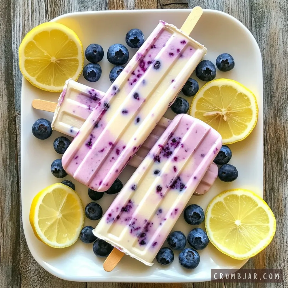 Top-down view of homemade Berry & Yogurt Popsicles with wooden sticks arranged on a white serving plate, featuring swirl patterns of purple blueberry specks and creamy yogurt, garnished with fresh whole blueberries and bright lemon slices on a wooden background.