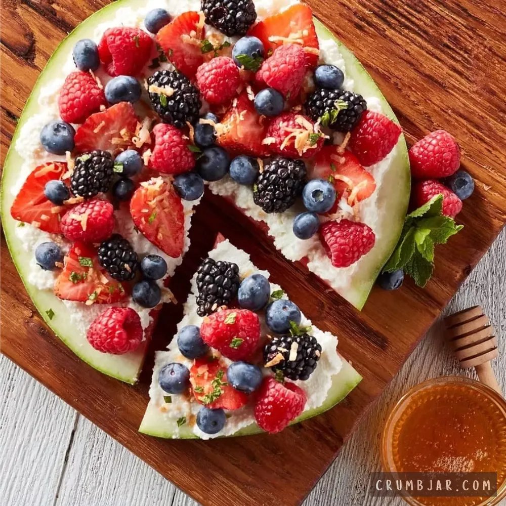 Vibrant Watermelon Fruit Pizza slice cut from a round watermelon base spread with white Greek yogurt, topped with a colorful assortment of fresh strawberries, blueberries, raspberries, blackberries, and toasted coconut flakes, served on a wooden cutting board with a jar of honey nearby.