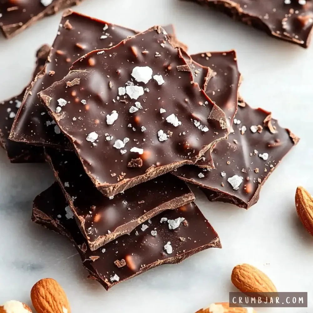 A stack of rich dark chocolate bark pieces studded with chopped nuts and sprinkled with coarse flaky sea salt, displayed on a light marble surface with whole almonds scattered around the base.