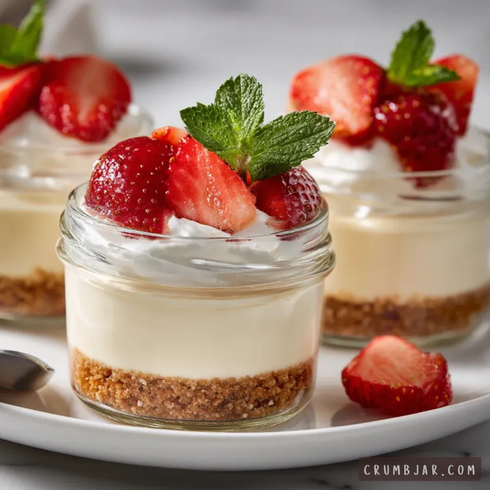 A close-up view of mini glass jars filled with layered no-bake cheesecakes, featuring a graham cracker crumb crust on the bottom, smooth cheesecake filling in the middle, and whipped cream topped with sliced fresh strawberries and mint leaves.
