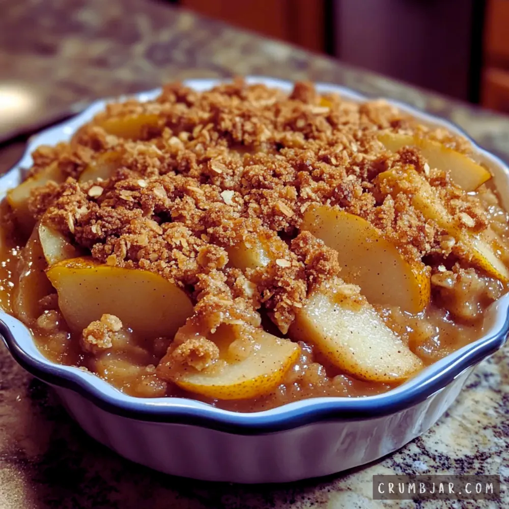 A freshly baked warm spiced pear crisp served in a round ceramic baking dish, showing sliced tender pears in a bubbling syrupy glaze topped with a crunchy golden oat crumble.