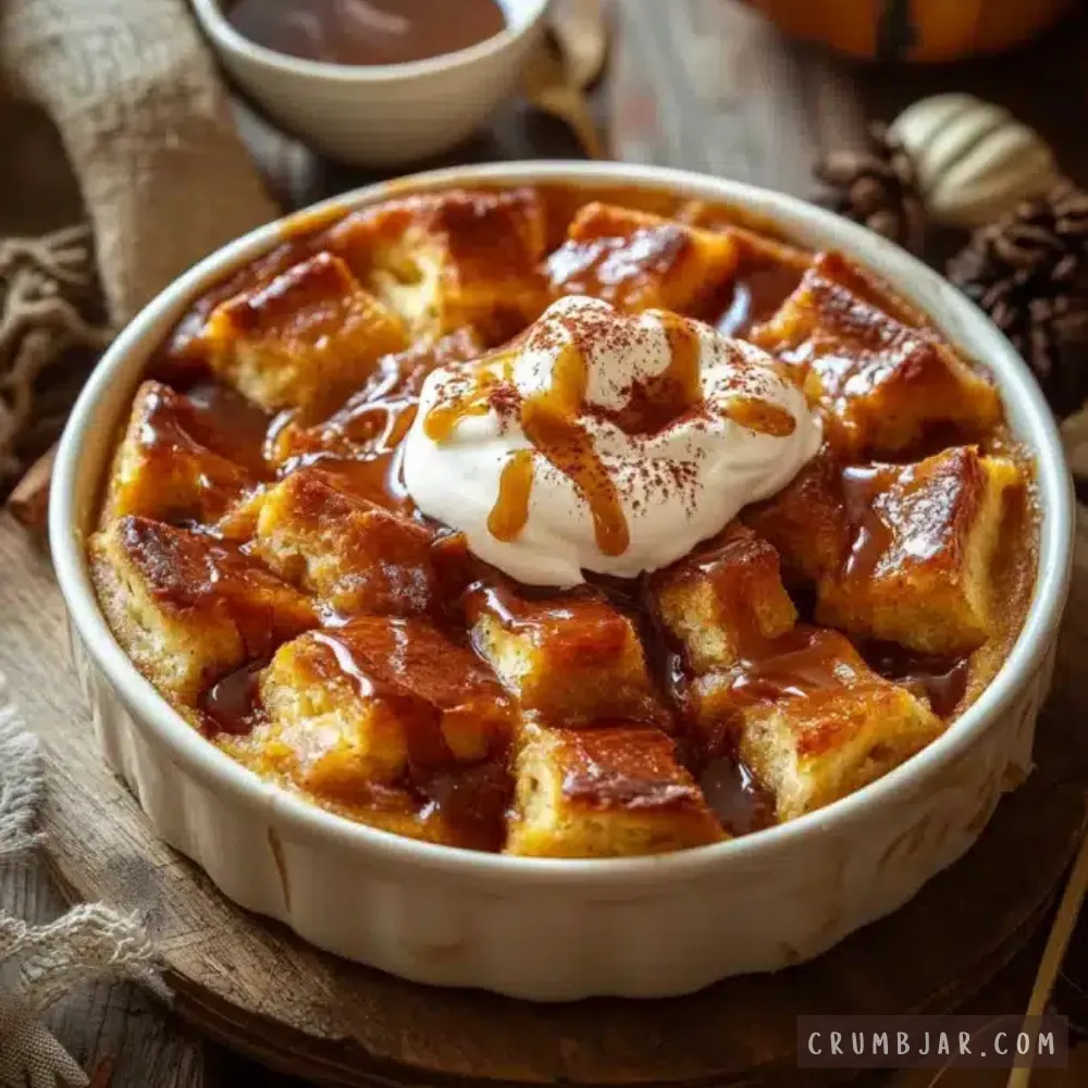 Warm spiced bread pudding in a white round baking dish, made with golden cubes of toasted brioche bread, drizzled generously with caramel sauce and topped with a dollop of whipped cream dusted with ground cinnamon.