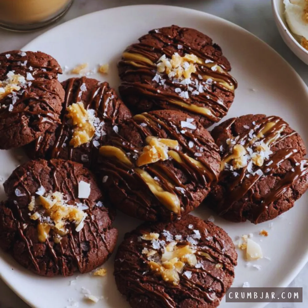 A plate filled with rich, dark spiced hot cocoa cookies drizzle-topped with melted chocolate and caramel, sprinkled with crushed toffee bits and sea salt flakes.