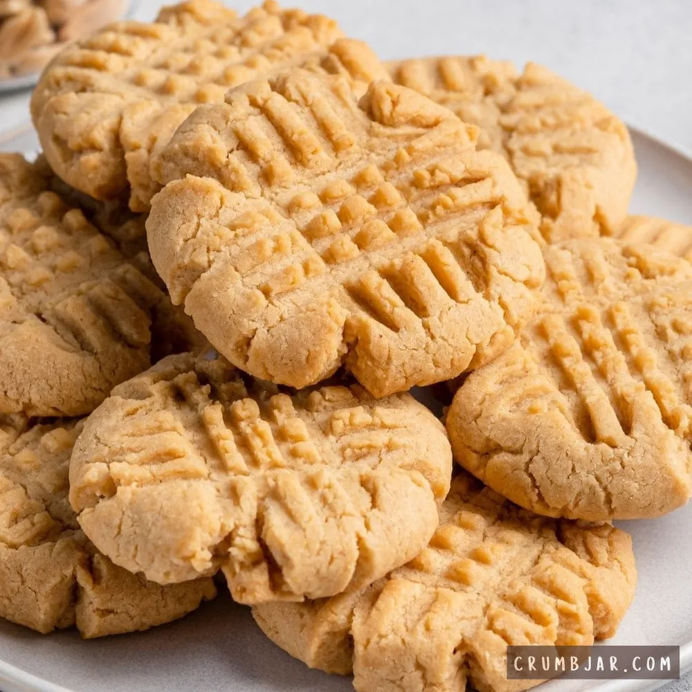 A stack of classic 3-ingredient peanut butter cookies with crisscross fork marks on top, piled on a neutral grey ceramic plate.