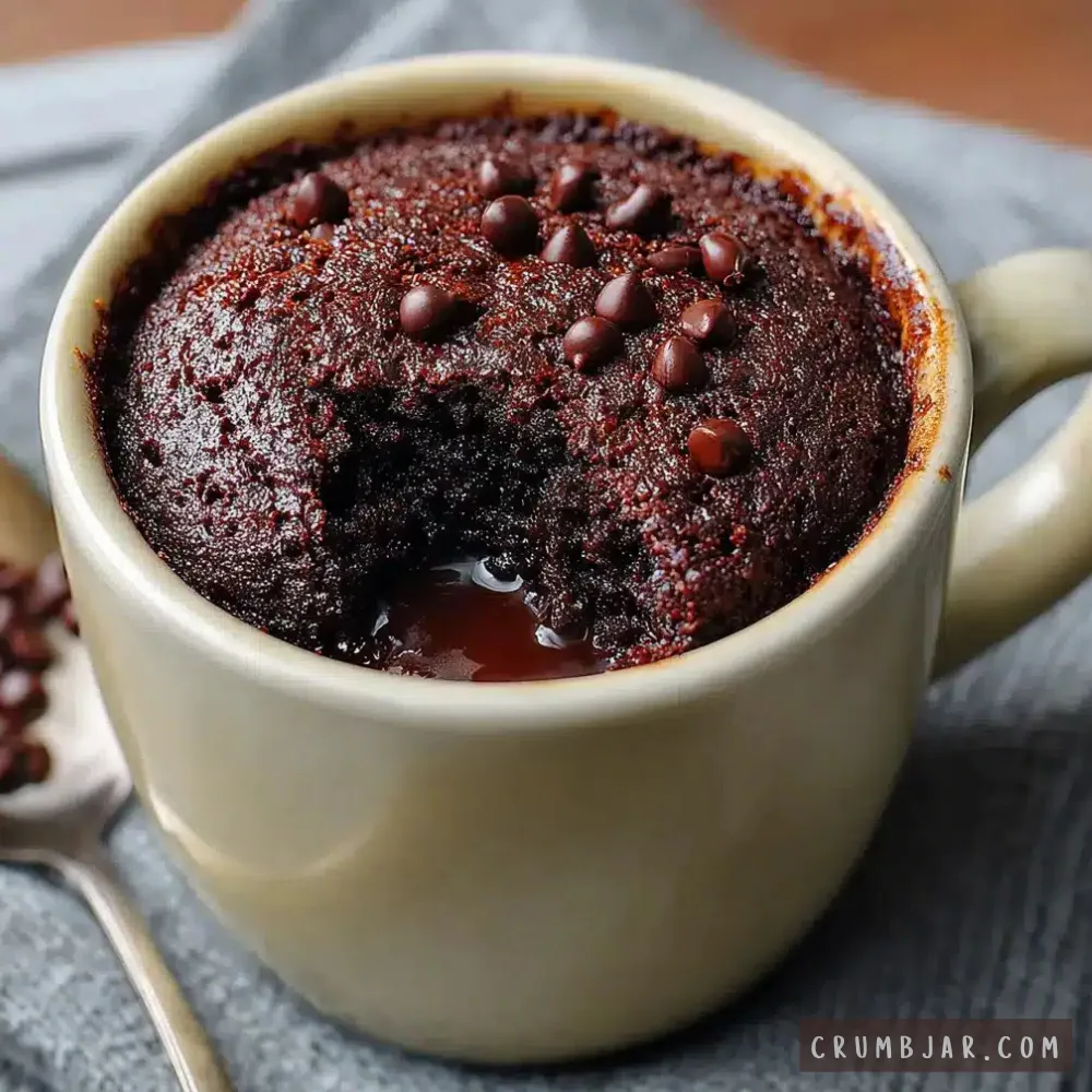 Freshly baked chocolate mug brownie topped with chocolate chips, served warm in a cream ceramic mug with a spoonful removed showing a gooey chocolate center.
