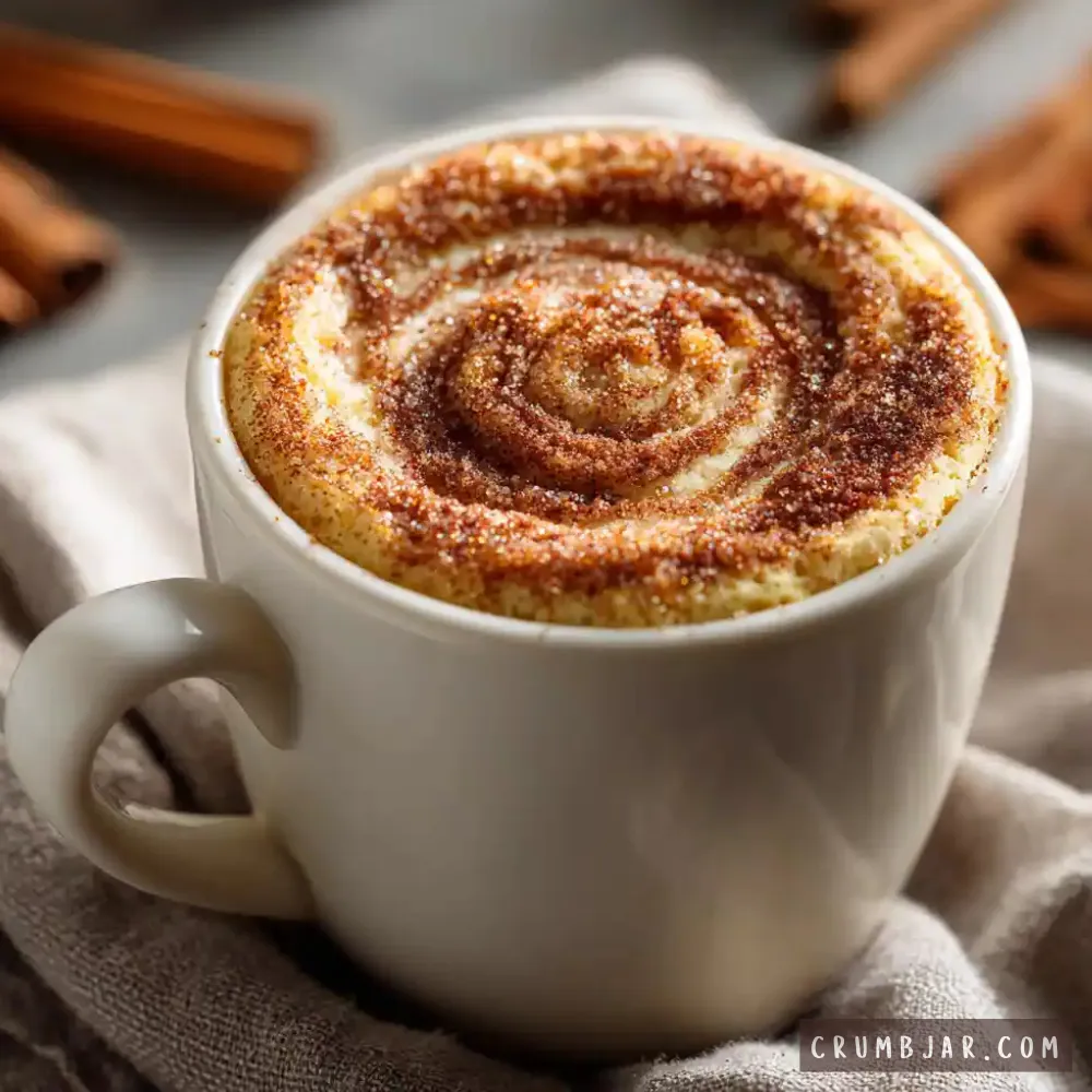 Warm cinnamon sugar mug cake served in a white ceramic mug, featuring a distinct brown sugar and cinnamon spiral swirl baked on top.