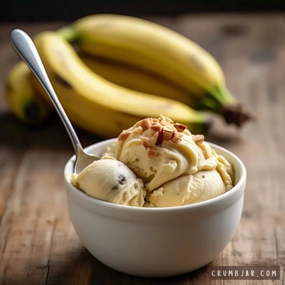 A small white bowl filled with scoops of creamy banana nice cream, topped with chopped almonds and a silver spoon inserted, set against a wooden table with whole bananas in the background.