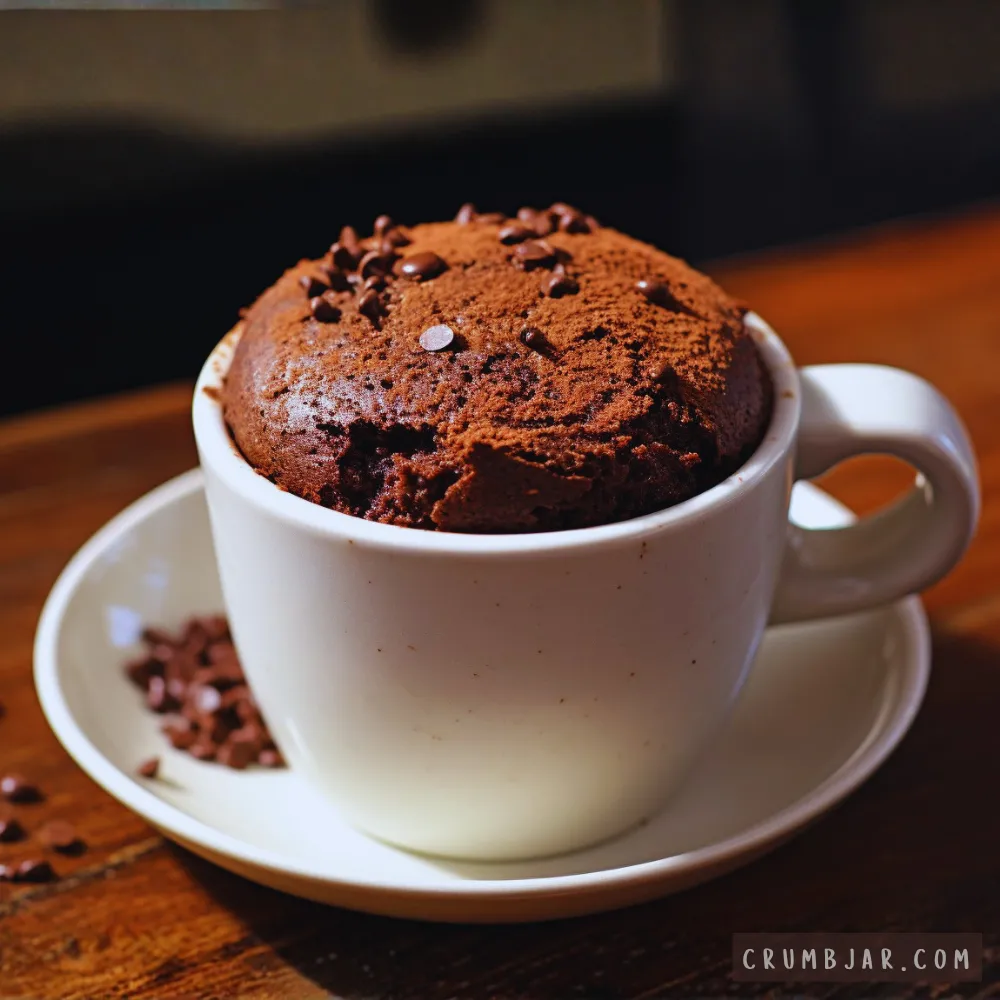 Warm single-serve chocolate mug cake in a white ceramic mug, dusted with cocoa powder and sprinkled with mini chocolate chips.