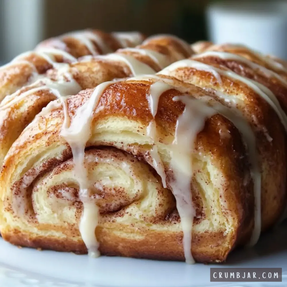 Close-up of Warm Cinnamon Roll Pull-Apart Bread showing soft, swirled dough layers filled with cinnamon sugar and topped with a sweet white icing glaze drizzling down the front.