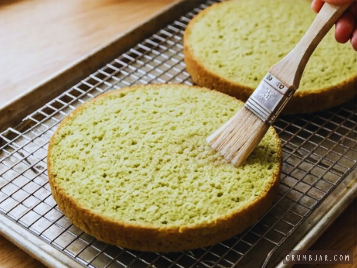 Brushing simple syrup onto a leveled green pistachio cake layer using a pastry brush on a cooling rack.