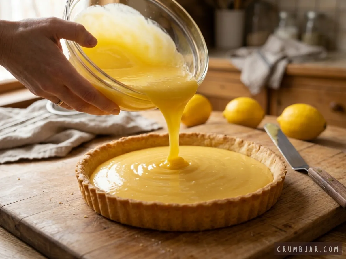 Pouring smooth, yellow lemon curd from a glass bowl into a baked pastry tart shell on a wooden surface.