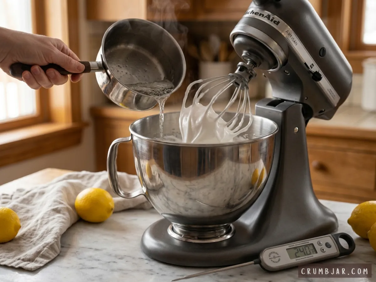 Pouring hot sugar syrup into whipped egg whites in a stand mixer to make Italian meringue.