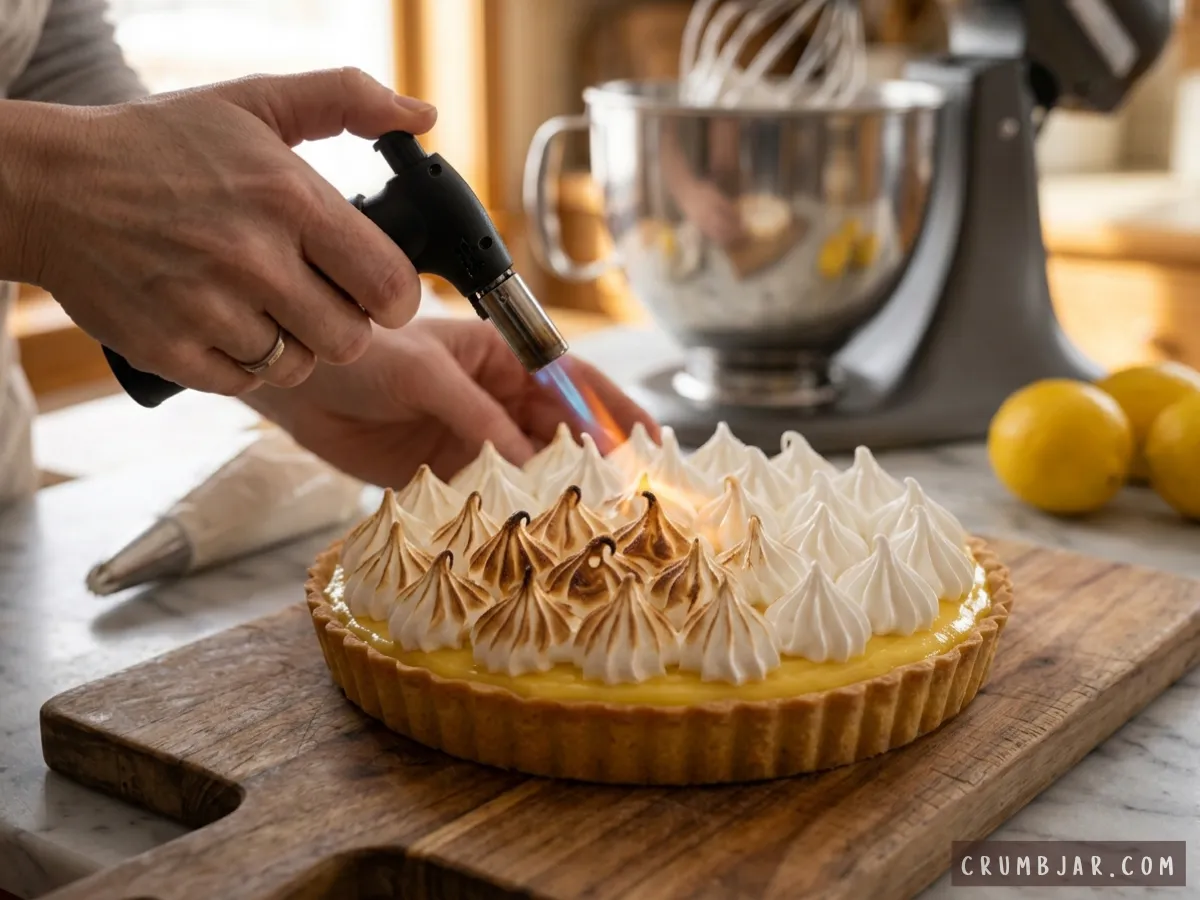 Toasting piped meringue peaks on top of a lemon tart using a hand-held kitchen blowtorch.