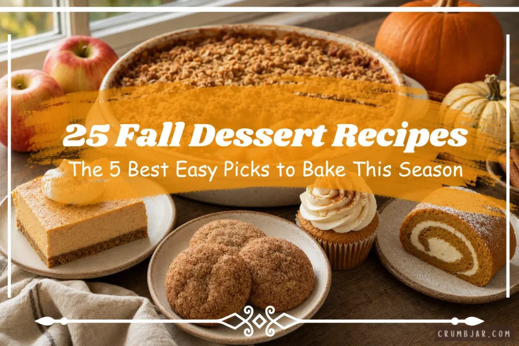 An assortment of fall desserts including pumpkin pie bars, snickerdoodle cookies, a frosted cupcake, and a pumpkin roll slice surrounding a fruit crisp, with overlay text reading "25 Fall Dessert Recipes: The 5 Best Easy Picks to Bake This Season."