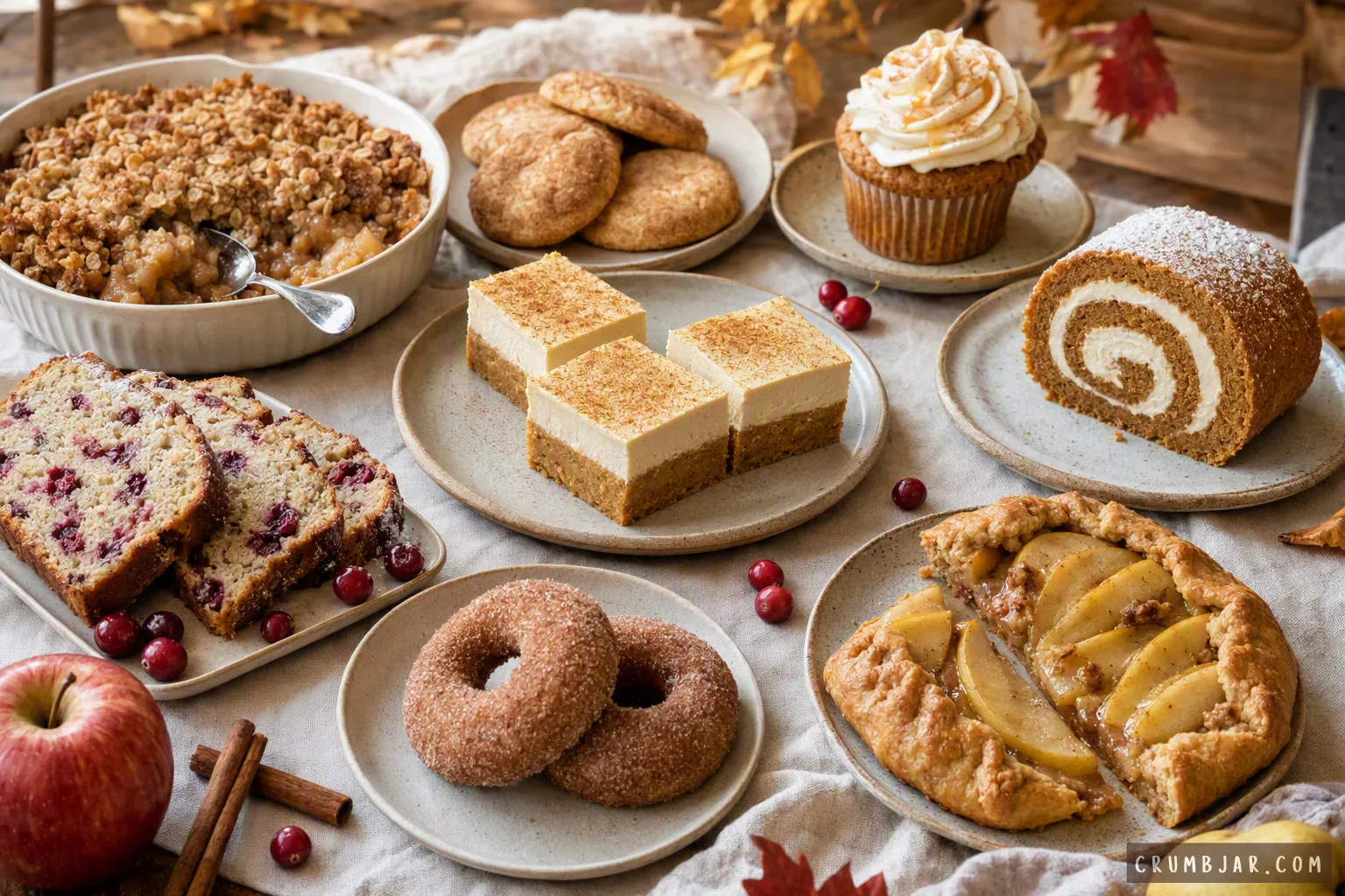 A spread of fall desserts featuring apple crisp, pumpkin pie cheesecake bars, snickerdoodles, cider donuts, an apple galette, cranberry loaf slices, and a pumpkin roll on a linen tablecloth.