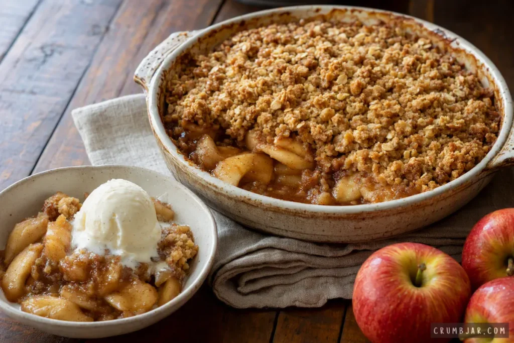A freshly baked classic apple crisp topped with oat crumble in a ceramic baking dish next to a bowl served with vanilla ice cream and whole red apples.