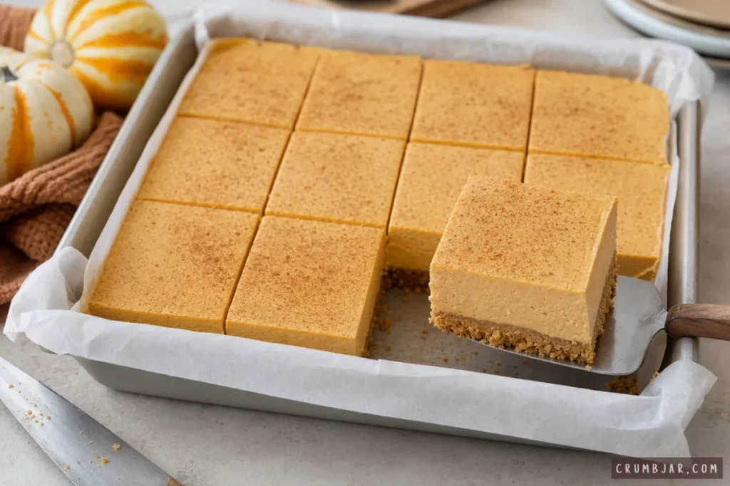 Square slice of no-bake pumpkin cheesecake dusted with ground cinnamon being lifted from a parchment-lined baking pan.