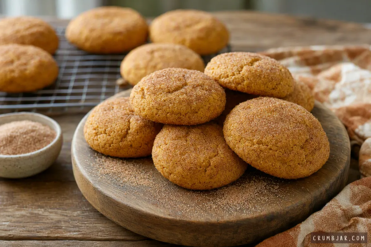 Stack of soft pumpkin spice snickerdoodle cookies coated in cinnamon sugar on a wooden board.