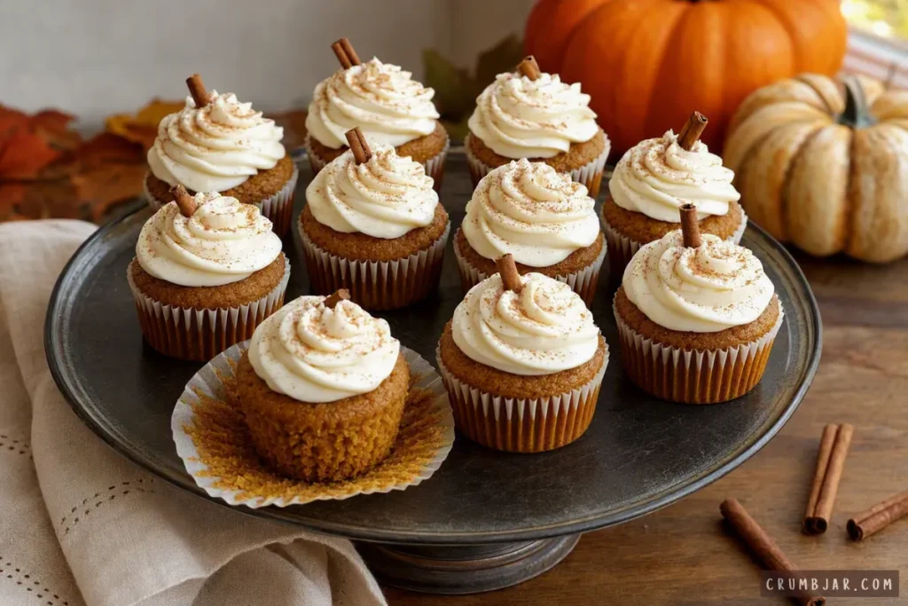 Maple pumpkin cupcakes topped with swirling cream cheese frosting and cinnamon stick accents arranged on a dark cake stand.